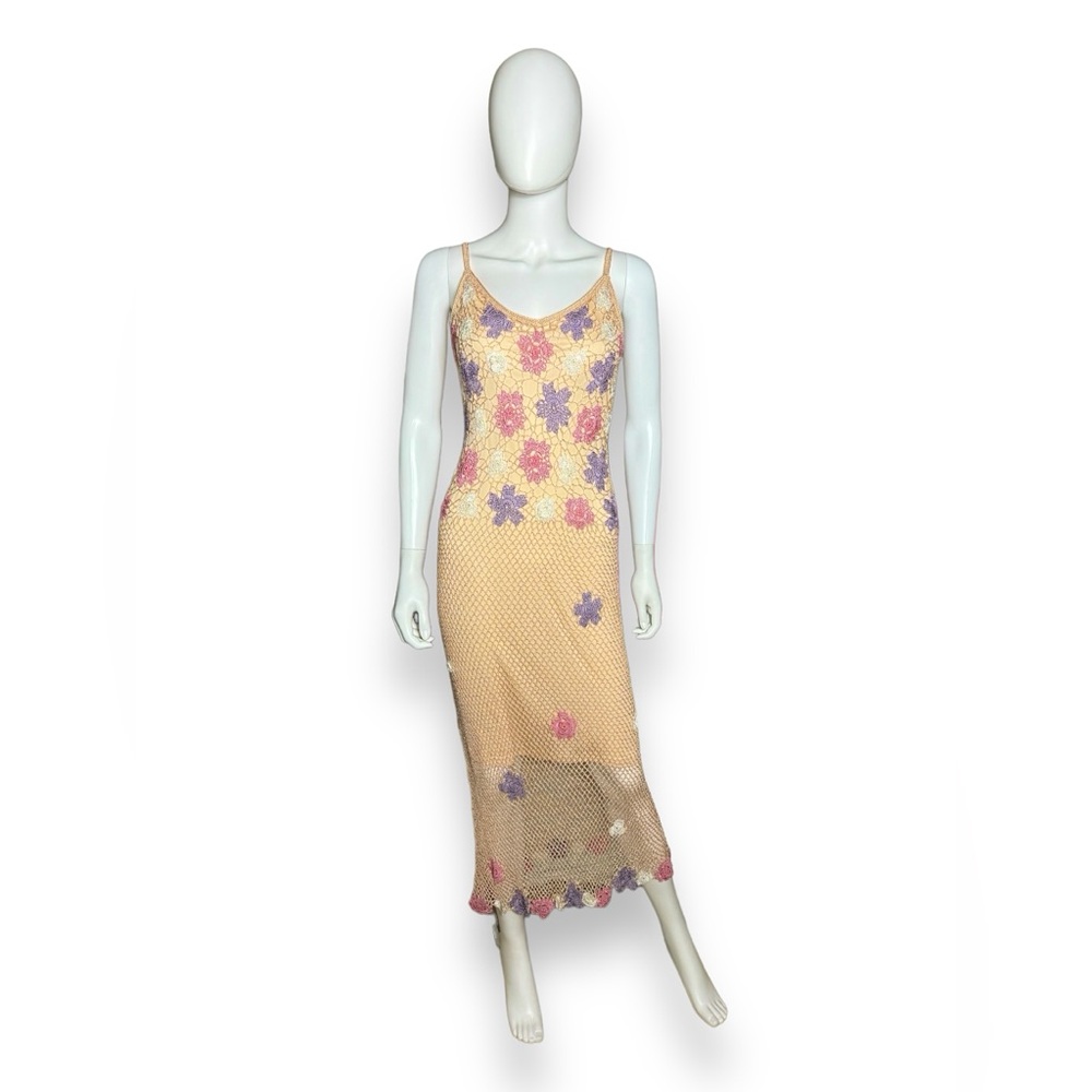 Vintage Kroshetta by Papillon Peach Floral Crochet Dress